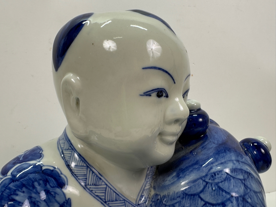 Vintage Chinese Blue & White Porcelain Boy With Koi Fish Figurine Large 12'W X 7'D X 11.5'H [Photo 12]
