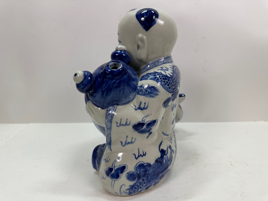 Vintage Chinese Blue & White Porcelain Boy With Koi Fish Figurine Large 12'W X 7'D X 11.5'H [Photo 7]