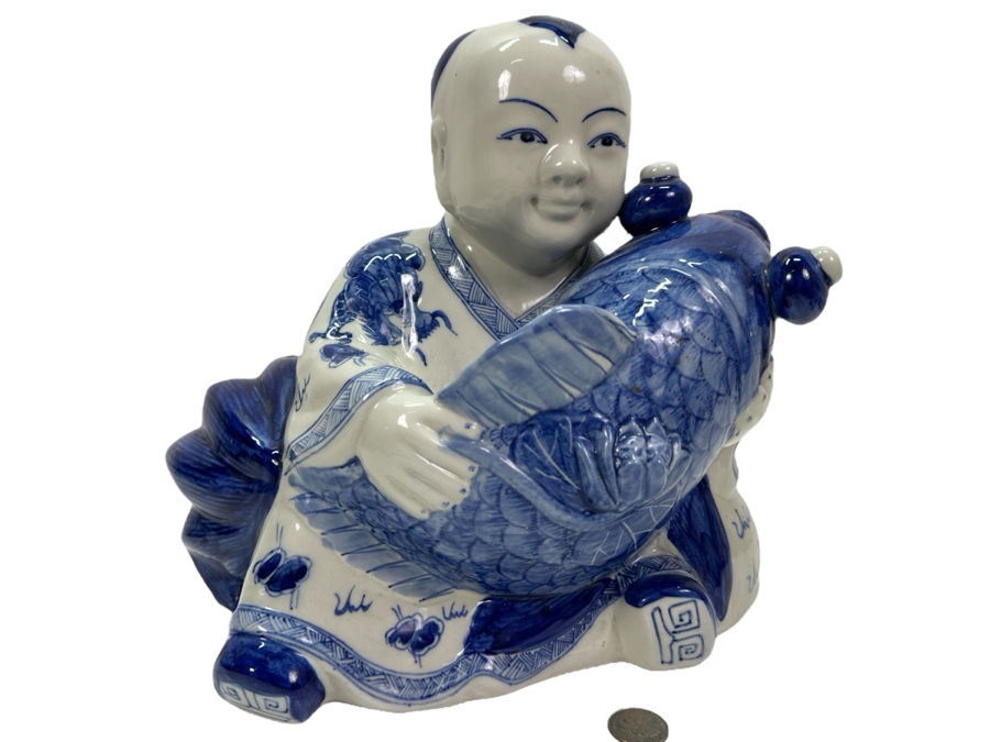 Vintage Chinese Blue & White Porcelain Boy With Koi Fish Figurine Large 12'W X 7'D X 11.5'H [Photo 1]