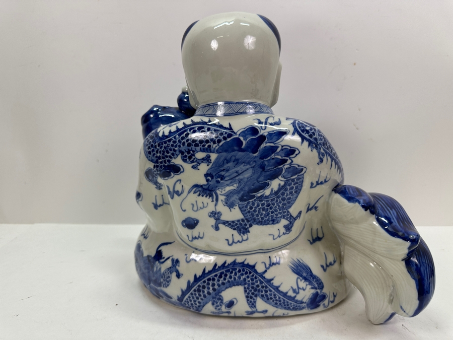 Vintage Chinese Blue & White Porcelain Boy With Koi Fish Figurine Large 12'W X 7'D X 11.5'H [Photo 8]