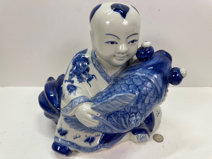 Vintage Chinese Blue & White Porcelain Boy With Koi Fish Figurine Large 12'W X 7'D X 11.5'H [Photo 4]
