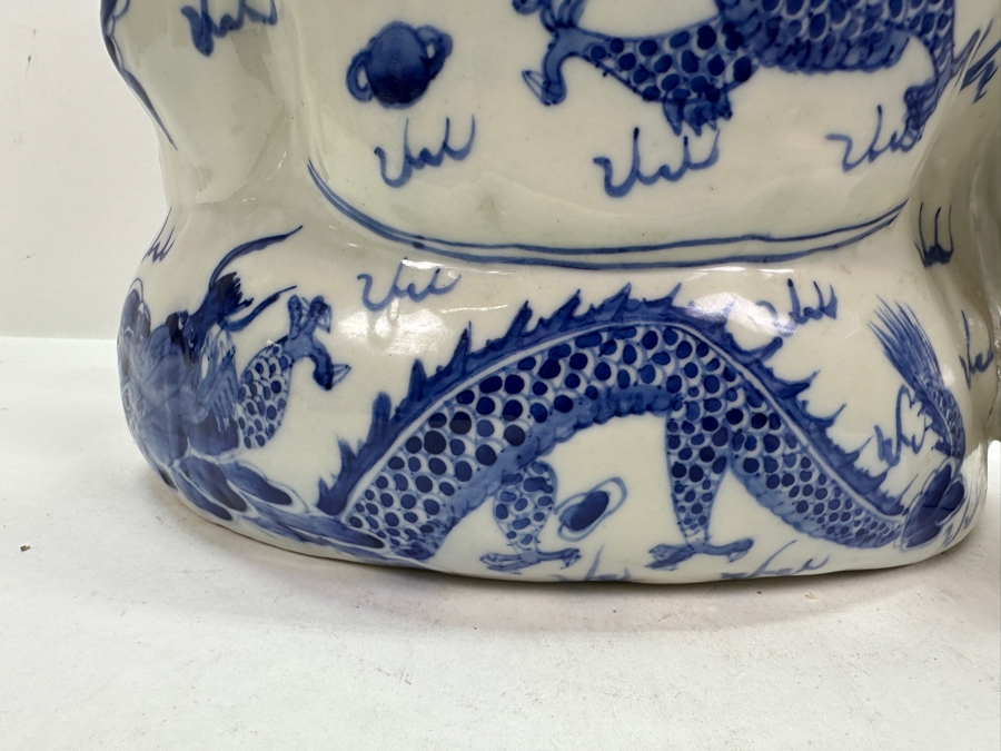 Vintage Chinese Blue & White Porcelain Boy With Koi Fish Figurine Large 12'W X 7'D X 11.5'H [Photo 10]