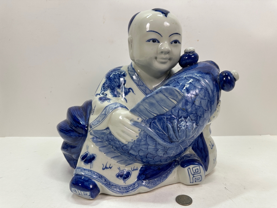 Vintage Chinese Blue & White Porcelain Boy With Koi Fish Figurine Large 12'W X 7'D X 11.5'H [Photo 2]