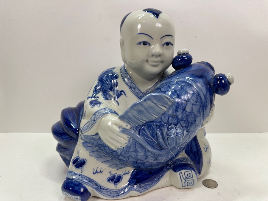 Vintage Chinese Blue & White Porcelain Boy With Koi Fish Figurine Large 12'W X 7'D X 11.5'H [Photo 3]