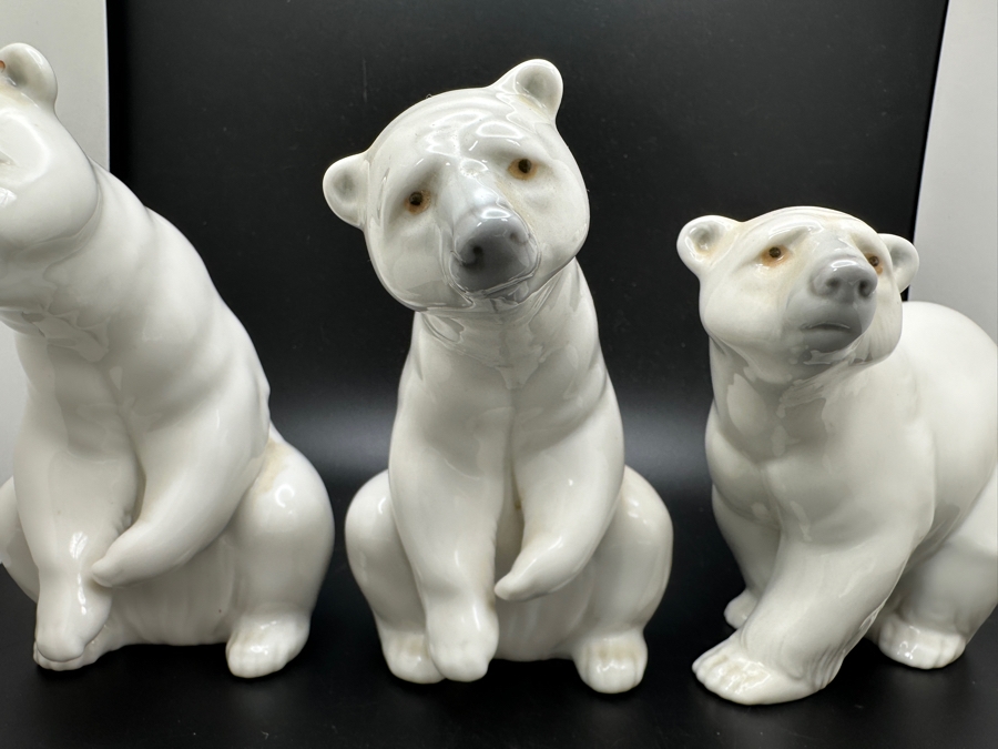 Lladro 'Resting Polar Bear' #1208, 'Attentive Polar Bear' #1207 and 'Seated Polar Bear' #1209 Porcelain Figurines 4-4.5'H [Photo 2]
