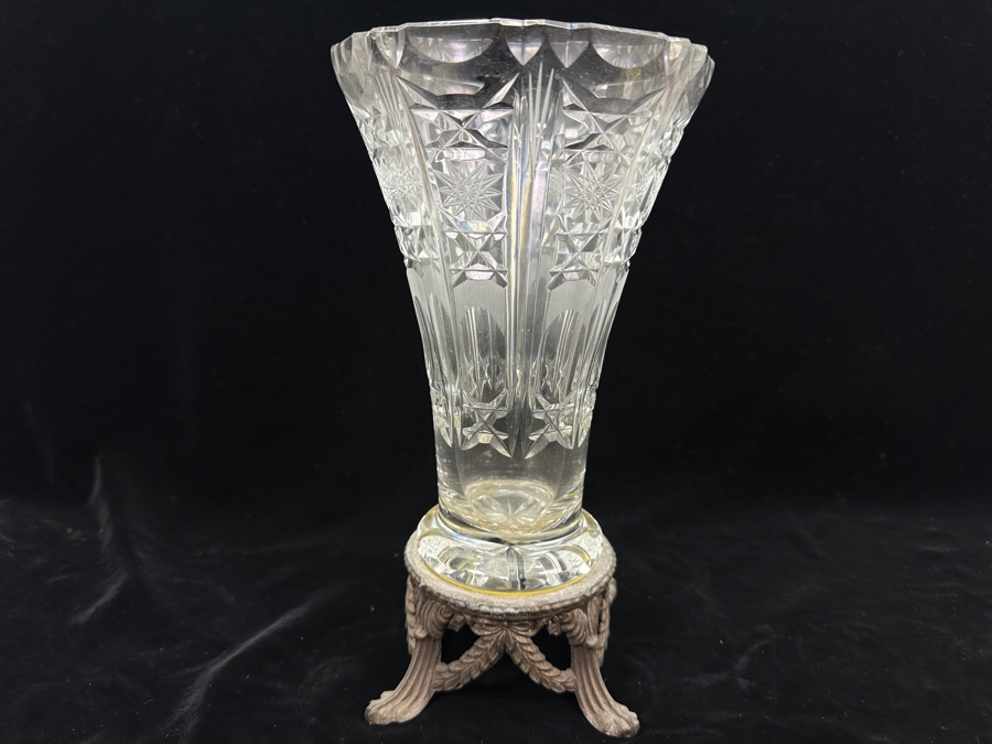Vintage Mid-Century Lovensky & Lovensky Crystal Brass Footed Vase 10.5'H [Photo 2]