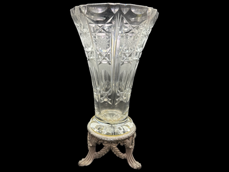 Vintage Mid-Century Lovensky & Lovensky Crystal Brass Footed Vase 10.5'H [Photo 1]