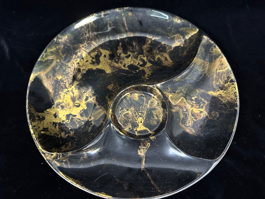 Vintage Mid-Century Sascha Brastoff California Pottery Black & Gold Marbled Divided Serving Dish Tray 12.25W [Photo 4]