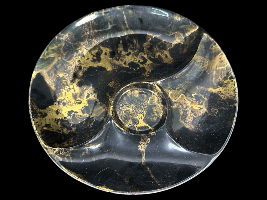 Vintage Mid-Century Sascha Brastoff California Pottery Black & Gold Marbled Divided Serving Dish Tray 12.25W