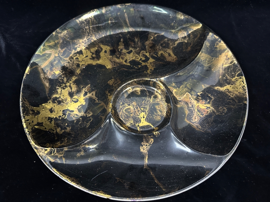 Vintage Mid-Century Sascha Brastoff California Pottery Black & Gold Marbled Divided Serving Dish Tray 12.25W [Photo 3]