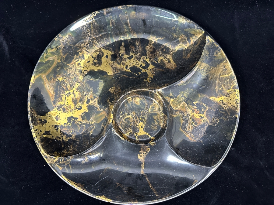 Vintage Mid-Century Sascha Brastoff California Pottery Black & Gold Marbled Divided Serving Dish Tray 12.25W [Photo 2]