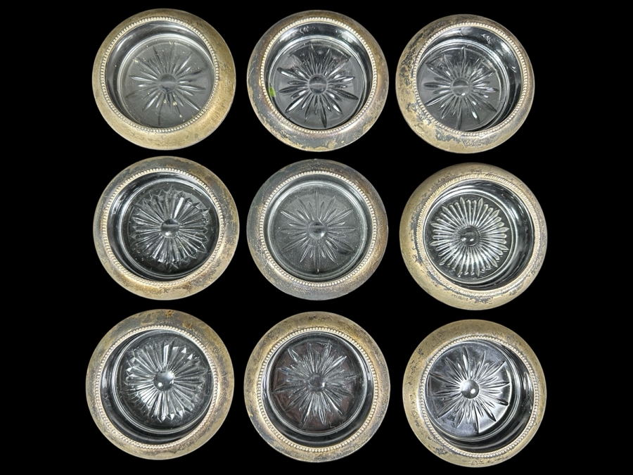 (9) Vintage Sterling Silver & Glass 4' Drink Coasters