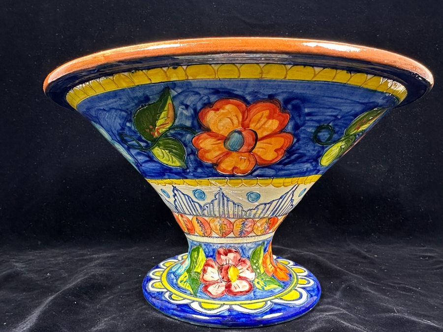 Signed Pottery Pedestal Bowl 12'W X 6.75'H