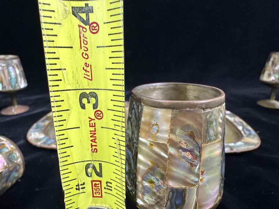Vintage Taxco Mexico Brass And Mother Of Pearl Inlay Tray 9'W And Six Footed Drink Shot Glasses 3'H [Photo 11]