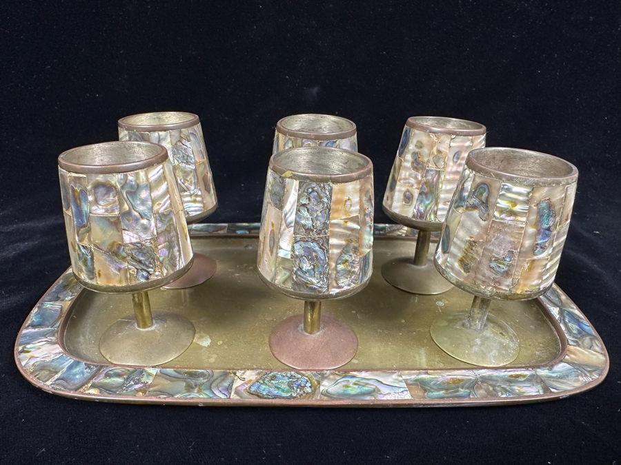 Vintage Taxco Mexico Brass And Mother Of Pearl Inlay Tray 9'W And Six Footed Drink Shot Glasses 3'H [Photo 2]