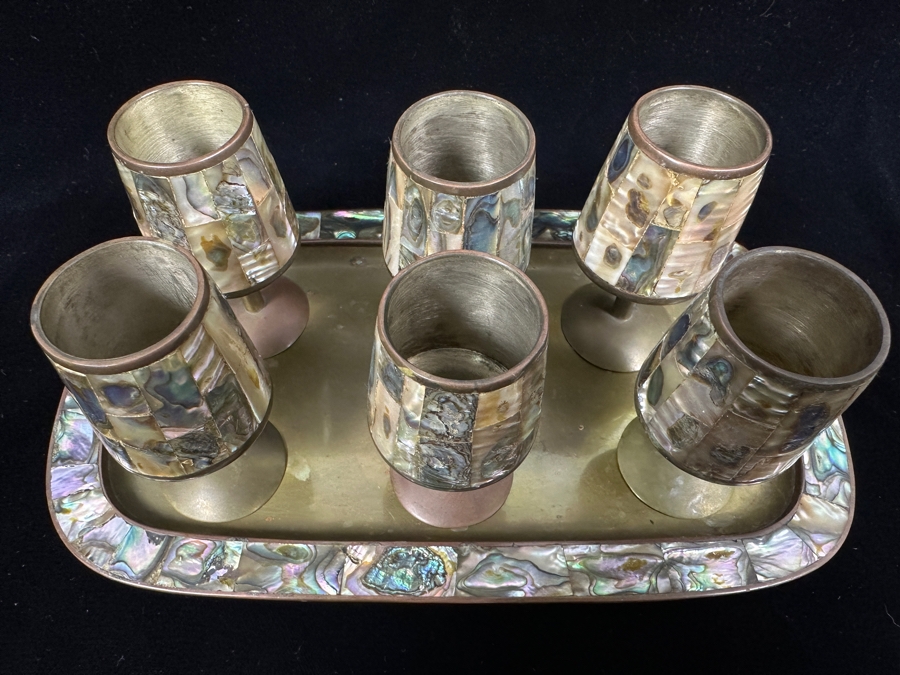 Vintage Taxco Mexico Brass And Mother Of Pearl Inlay Tray 9'W And Six Footed Drink Shot Glasses 3'H [Photo 6]