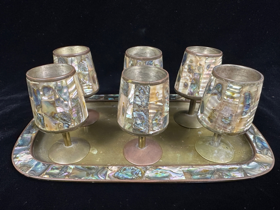 Vintage Taxco Mexico Brass And Mother Of Pearl Inlay Tray 9'W And Six Footed Drink Shot Glasses 3'H [Photo 5]