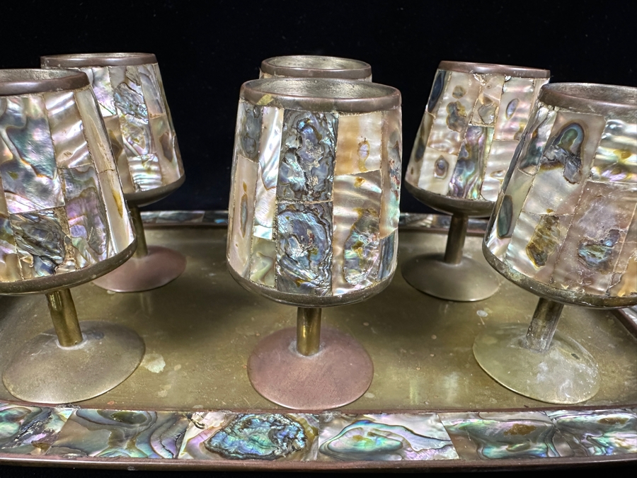 Vintage Taxco Mexico Brass And Mother Of Pearl Inlay Tray 9'W And Six Footed Drink Shot Glasses 3'H [Photo 7]