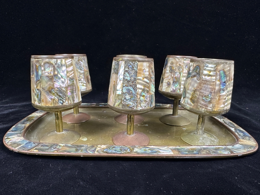 Vintage Taxco Mexico Brass And Mother Of Pearl Inlay Tray 9'W And Six Footed Drink Shot Glasses 3'H [Photo 3]