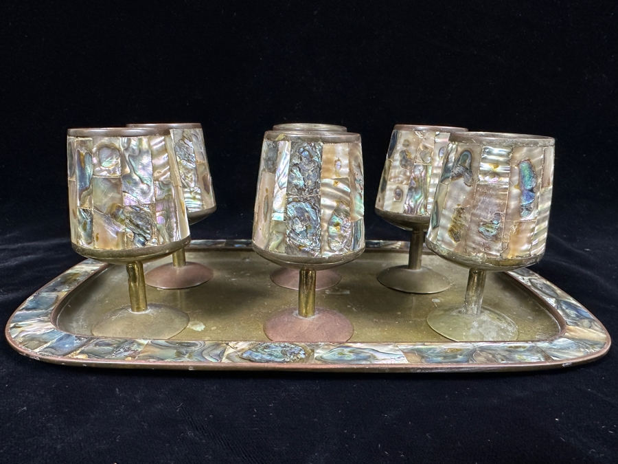 Vintage Taxco Mexico Brass And Mother Of Pearl Inlay Tray 9'W And Six Footed Drink Shot Glasses 3'H [Photo 4]