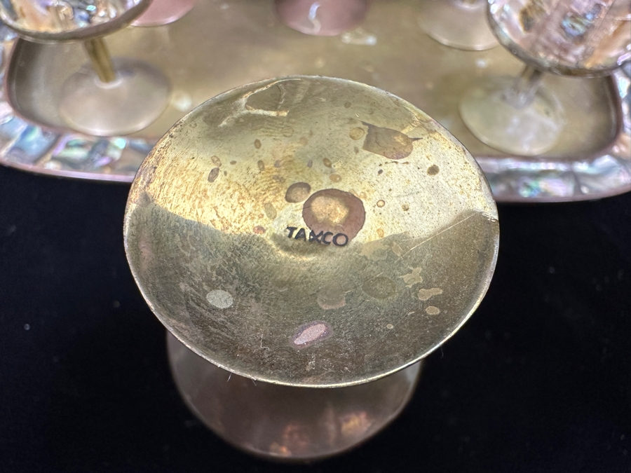 Vintage Taxco Mexico Brass And Mother Of Pearl Inlay Tray 9'W And Six Footed Drink Shot Glasses 3'H [Photo 8]