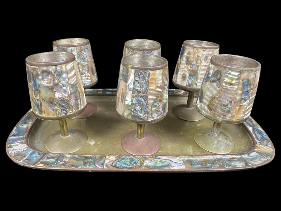 Vintage Taxco Mexico Brass And Mother Of Pearl Inlay Tray 9'W And Six Footed Drink Shot Glasses 3'H