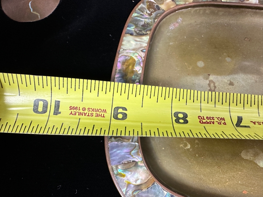 Vintage Taxco Mexico Brass And Mother Of Pearl Inlay Tray 9'W And Six Footed Drink Shot Glasses 3'H [Photo 12]