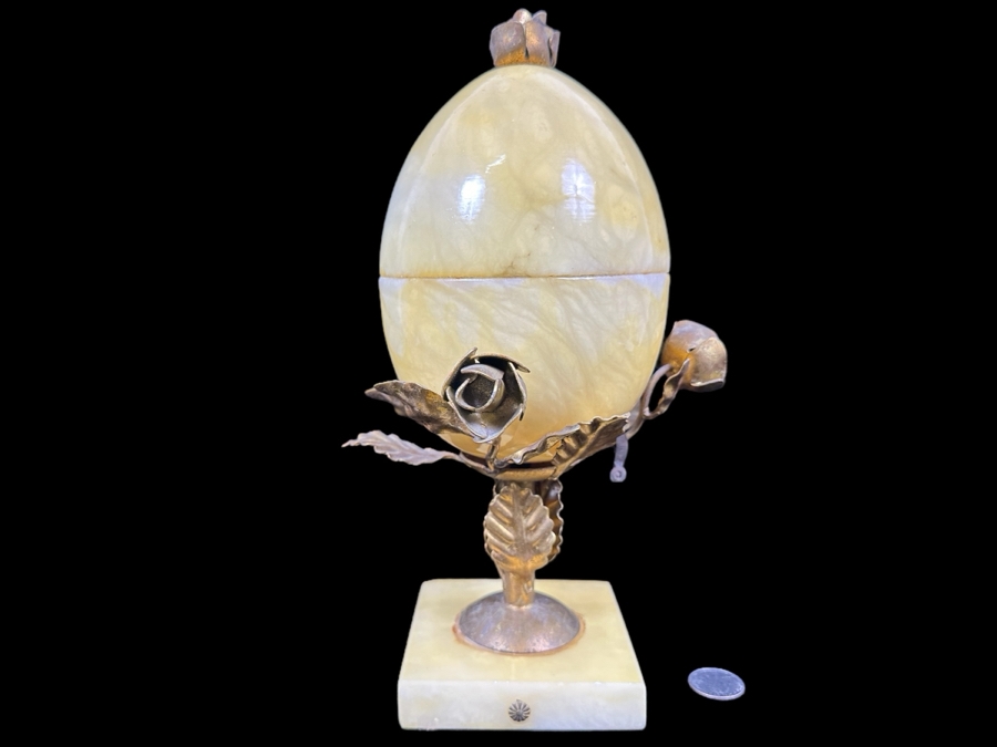 Alabaster Egg-Shaped Container With Ormolu Mounts (Bottom Half Of Egg Near Rim Has Been Repaired - See Photos) 11.5'H