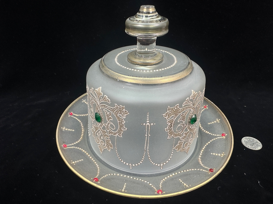 Vintage Hand Decorated Glass Cheese Server Dish 8.5W X 6.5H [Photo 4]