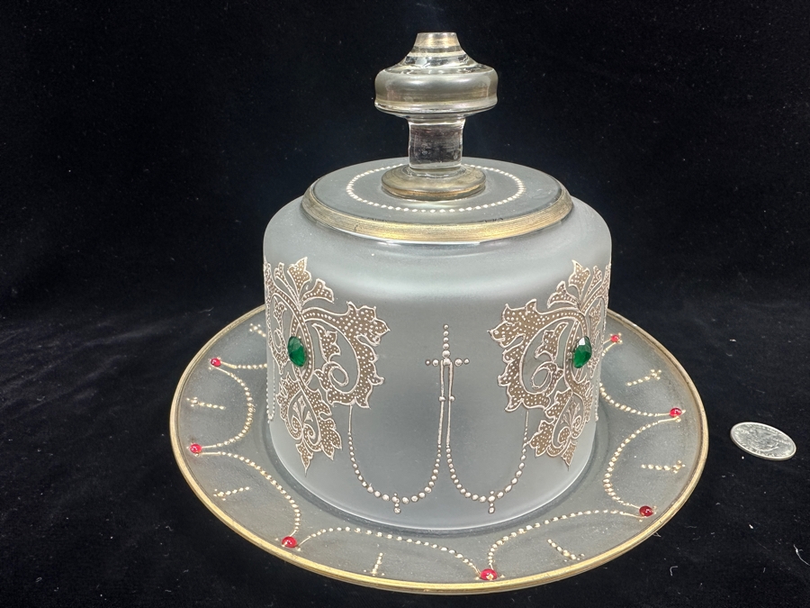 Vintage Hand Decorated Glass Cheese Server Dish 8.5W X 6.5H [Photo 2]