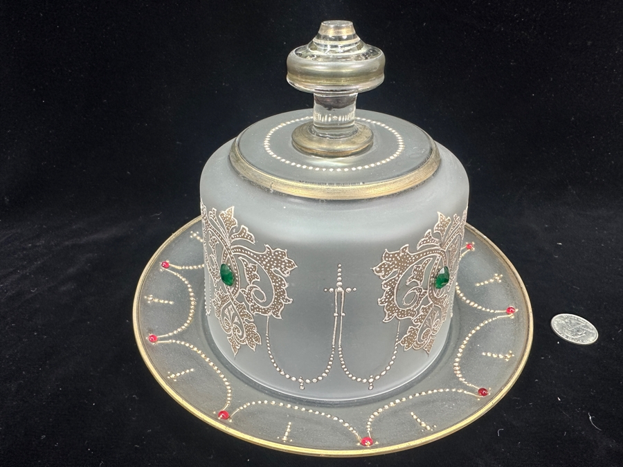 Vintage Hand Decorated Glass Cheese Server Dish 8.5W X 6.5H [Photo 3]