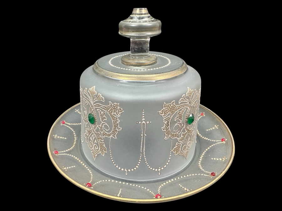 Vintage Hand Decorated Glass Cheese Server Dish 8.5W X 6.5H