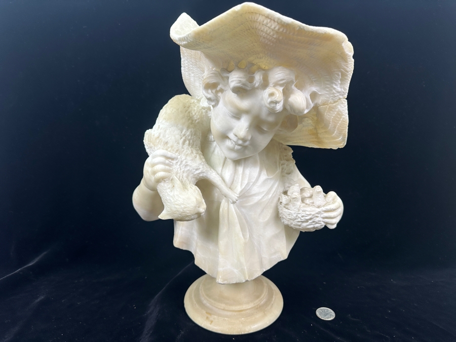 Stunning Hand Carved Alabaster Bust Sculpture Of Girl Holding A Cat Chasing A Nest Of Birds (Rim Of Hat Has Been Repaired - See Photos) 10.5'W X 14'H [Photo 2]