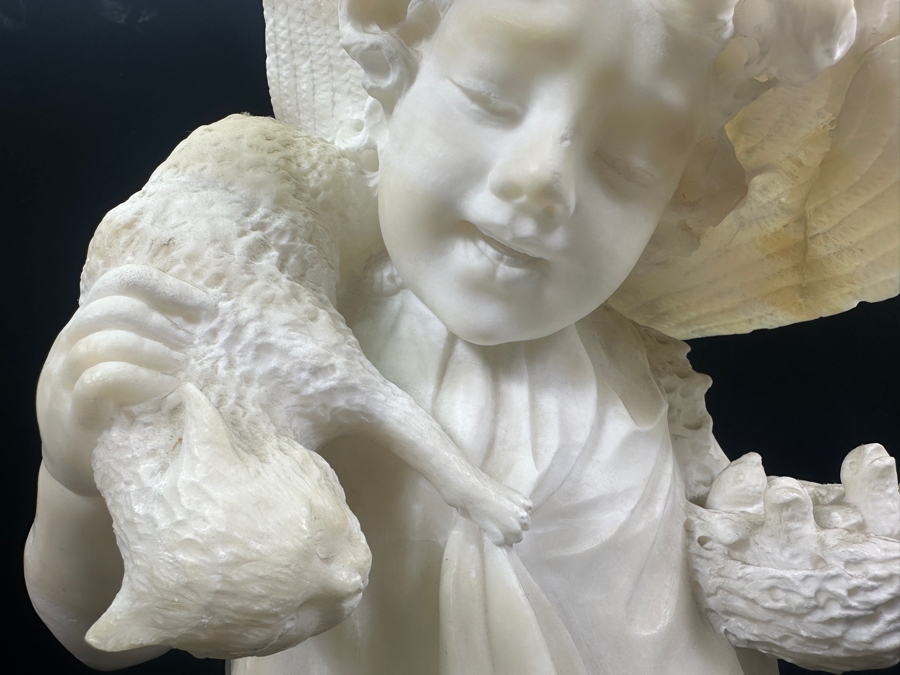 Stunning Hand Carved Alabaster Bust Sculpture Of Girl Holding A Cat Chasing A Nest Of Birds (Rim Of Hat Has Been Repaired - See Photos) 10.5'W X 14'H [Photo 16]