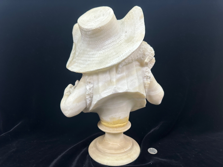 Stunning Hand Carved Alabaster Bust Sculpture Of Girl Holding A Cat Chasing A Nest Of Birds (Rim Of Hat Has Been Repaired - See Photos) 10.5'W X 14'H [Photo 13]