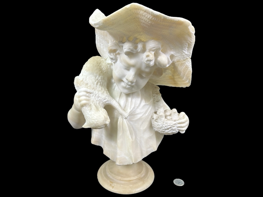Stunning Hand Carved Alabaster Bust Sculpture Of Girl Holding A Cat Chasing A Nest Of Birds (Rim Of Hat Has Been Repaired - See Photos) 10.5'W X 14'H