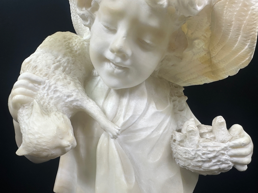 Stunning Hand Carved Alabaster Bust Sculpture Of Girl Holding A Cat Chasing A Nest Of Birds (Rim Of Hat Has Been Repaired - See Photos) 10.5'W X 14'H [Photo 6]