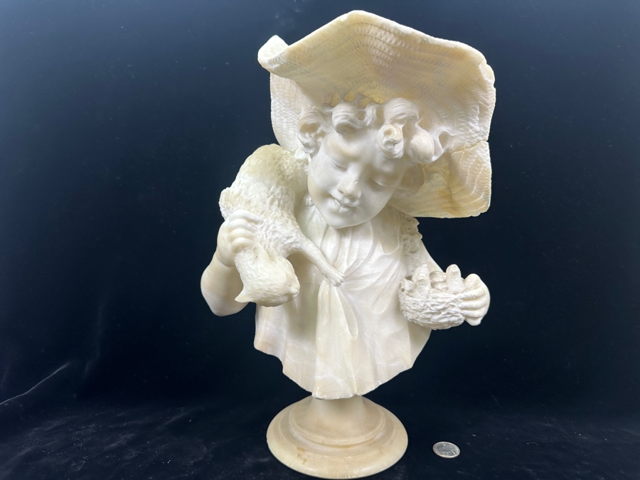 Stunning Hand Carved Alabaster Bust Sculpture Of Girl Holding A Cat Chasing A Nest Of Birds (Rim Of Hat Has Been Repaired - See Photos) 10.5'W X 14'H [Photo 4]