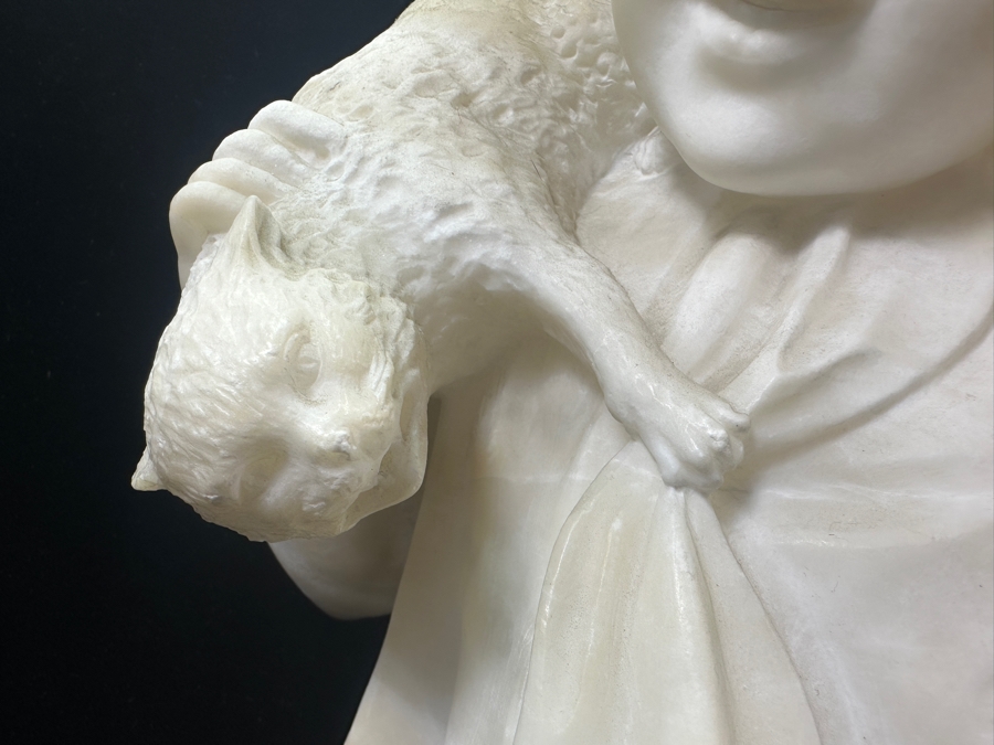Stunning Hand Carved Alabaster Bust Sculpture Of Girl Holding A Cat Chasing A Nest Of Birds (Rim Of Hat Has Been Repaired - See Photos) 10.5'W X 14'H [Photo 9]