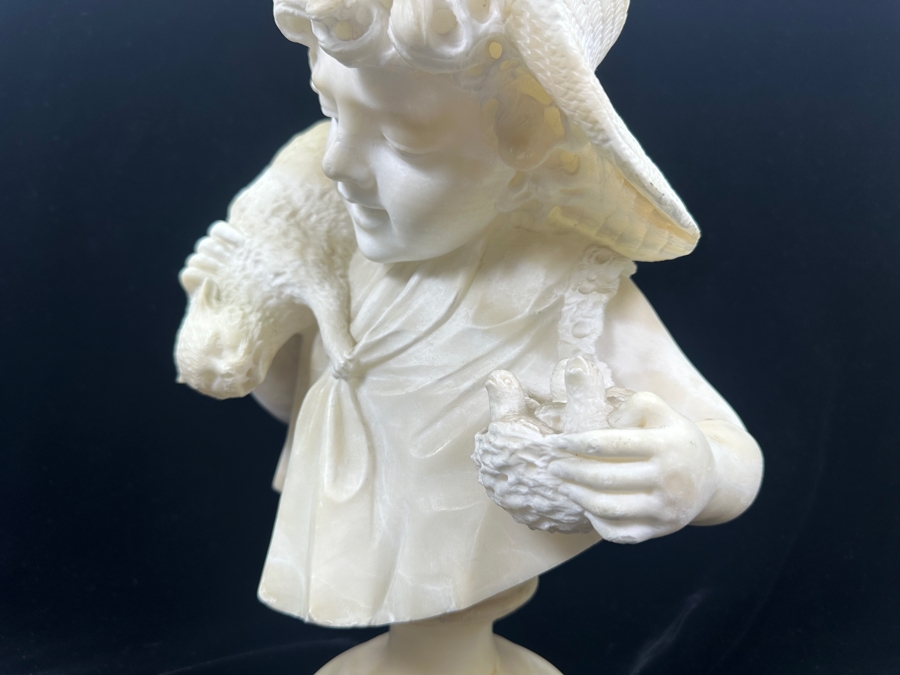 Stunning Hand Carved Alabaster Bust Sculpture Of Girl Holding A Cat Chasing A Nest Of Birds (Rim Of Hat Has Been Repaired - See Photos) 10.5'W X 14'H [Photo 10]