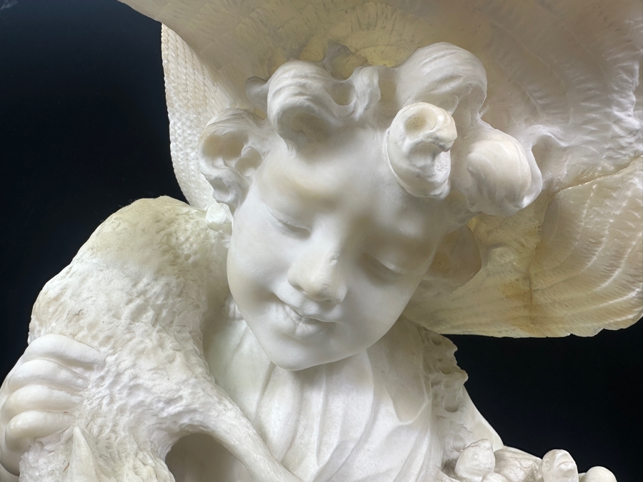 Stunning Hand Carved Alabaster Bust Sculpture Of Girl Holding A Cat Chasing A Nest Of Birds (Rim Of Hat Has Been Repaired - See Photos) 10.5'W X 14'H [Photo 5]
