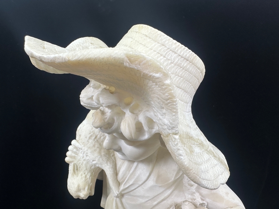 Stunning Hand Carved Alabaster Bust Sculpture Of Girl Holding A Cat Chasing A Nest Of Birds (Rim Of Hat Has Been Repaired - See Photos) 10.5'W X 14'H [Photo 11]