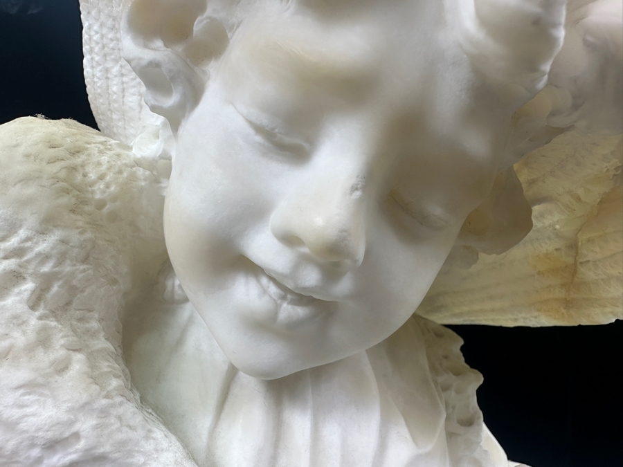 Stunning Hand Carved Alabaster Bust Sculpture Of Girl Holding A Cat Chasing A Nest Of Birds (Rim Of Hat Has Been Repaired - See Photos) 10.5'W X 14'H [Photo 17]
