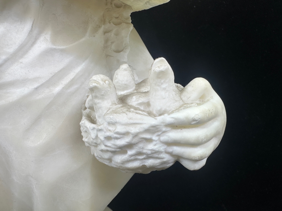 Stunning Hand Carved Alabaster Bust Sculpture Of Girl Holding A Cat Chasing A Nest Of Birds (Rim Of Hat Has Been Repaired - See Photos) 10.5'W X 14'H [Photo 8]