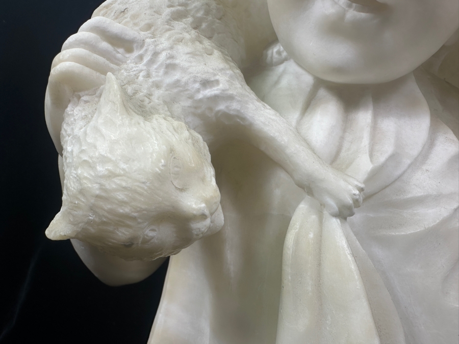 Stunning Hand Carved Alabaster Bust Sculpture Of Girl Holding A Cat Chasing A Nest Of Birds (Rim Of Hat Has Been Repaired - See Photos) 10.5'W X 14'H [Photo 7]