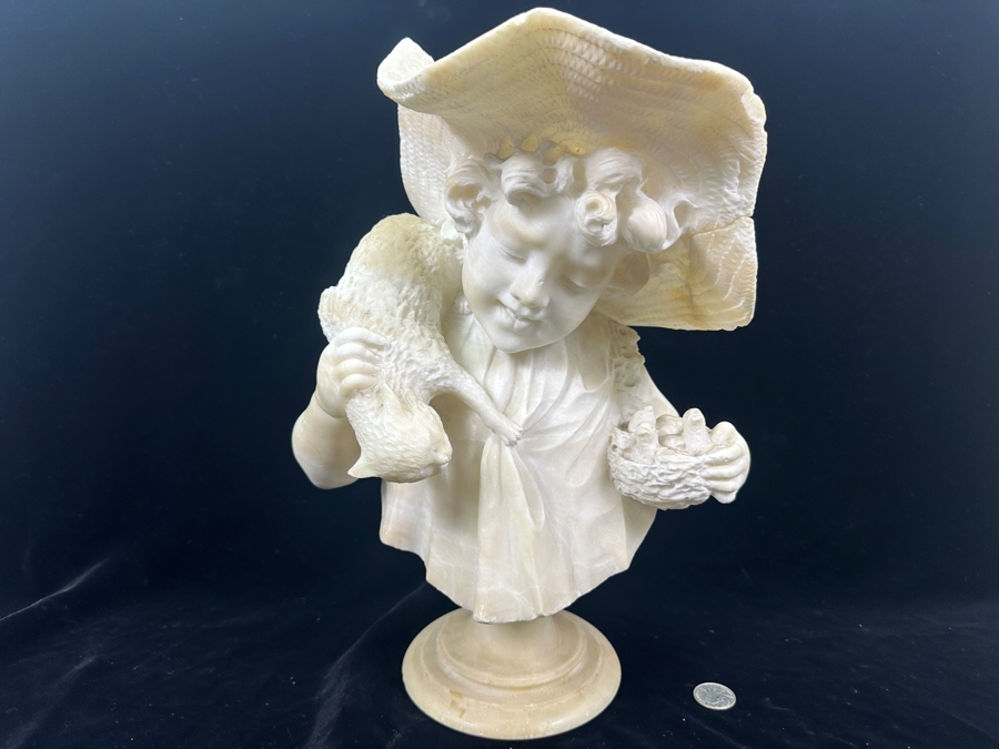 Stunning Hand Carved Alabaster Bust Sculpture Of Girl Holding A Cat Chasing A Nest Of Birds (Rim Of Hat Has Been Repaired - See Photos) 10.5'W X 14'H [Photo 3]