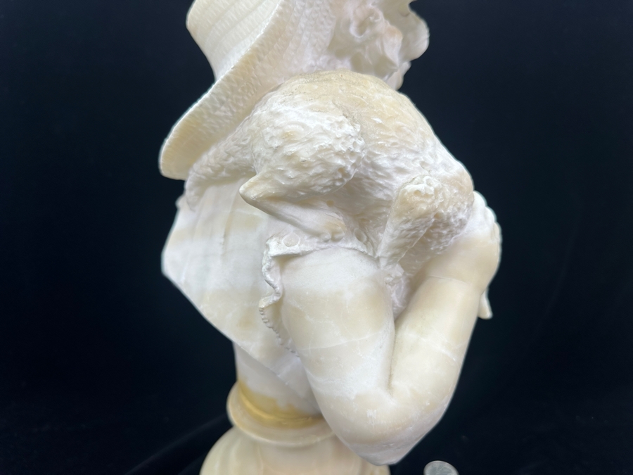 Stunning Hand Carved Alabaster Bust Sculpture Of Girl Holding A Cat Chasing A Nest Of Birds (Rim Of Hat Has Been Repaired - See Photos) 10.5'W X 14'H [Photo 14]