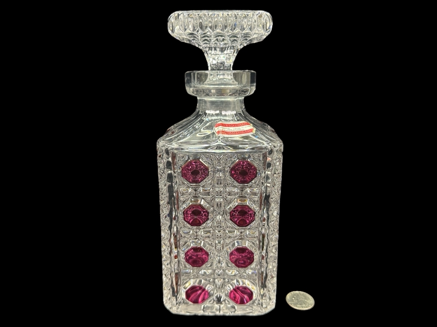 Hofbauer Germany Crystal Liquor Decanter With Ruby Red Accents And Stopper 9'H
