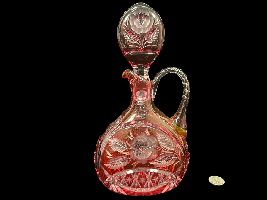 Vintage Ruby Red Cut Crystal Decanter With Stopper 10.5'H