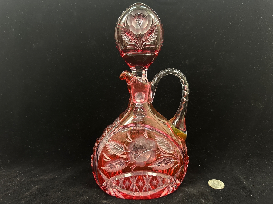 Vintage Ruby Red Cut Crystal Decanter With Stopper 10.5'H [Photo 2]